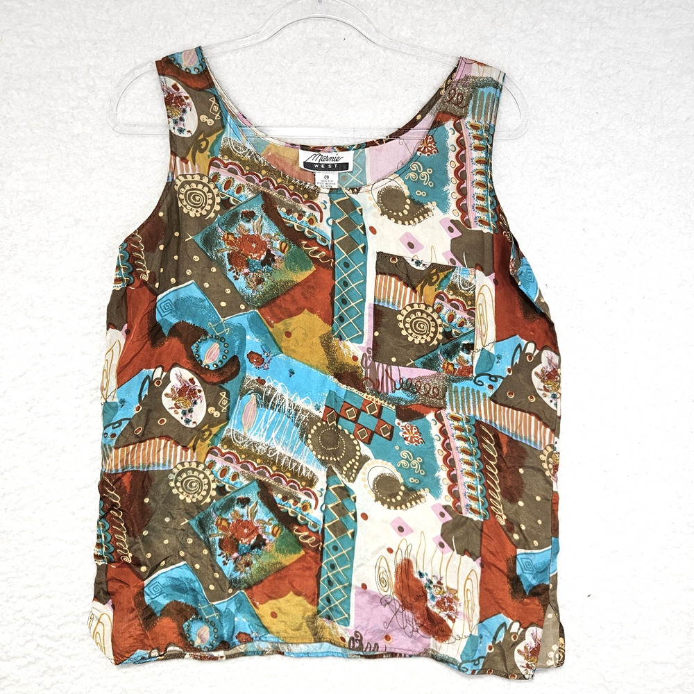 Vintage Marnie West 100% Silk Sleeveless Art To Wear Tank Women's Medium Boho